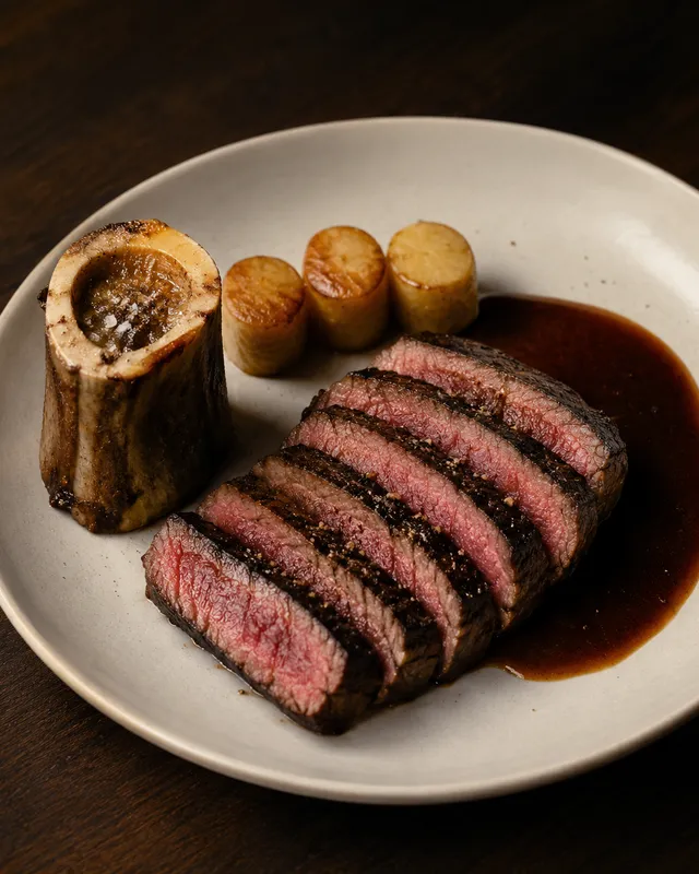 Entrecôte de bœuf Aubrac maturée 60 jours tranchée, os à moelle rôti et pommes fondantes