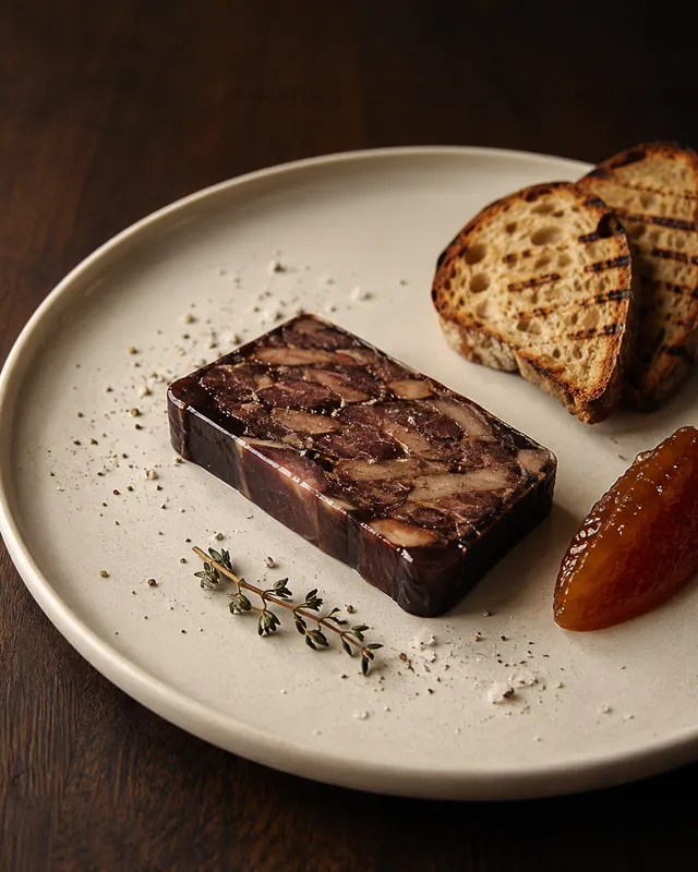 Tranche épaisse de terrine de lièvre à la royale, chutney de coing ambré et pain de campagne grillé