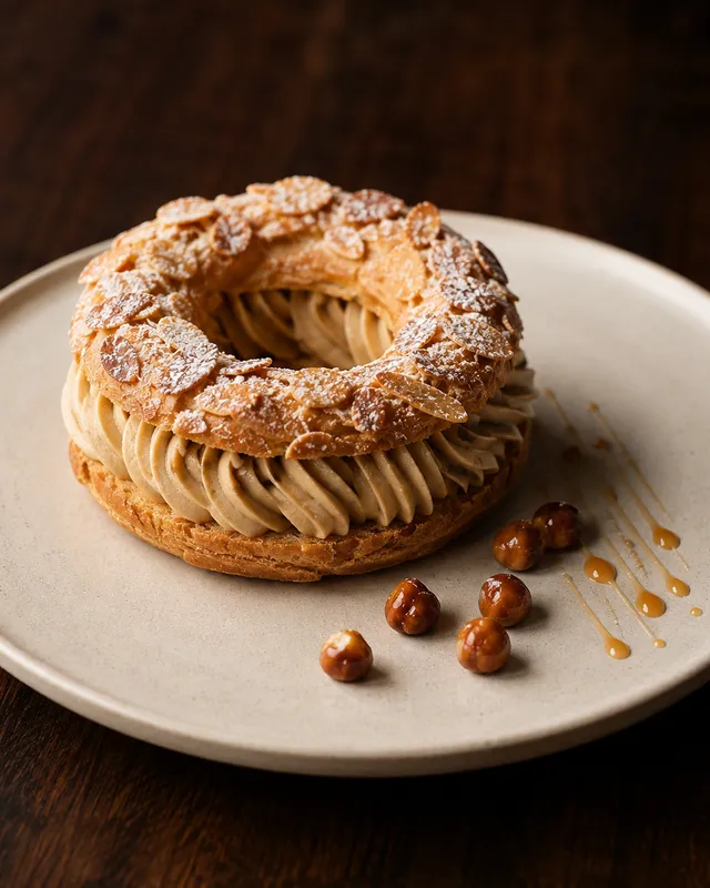 Paris-Brest individuel garni de crème pralinée aux noisettes du Piémont et amandes effilées