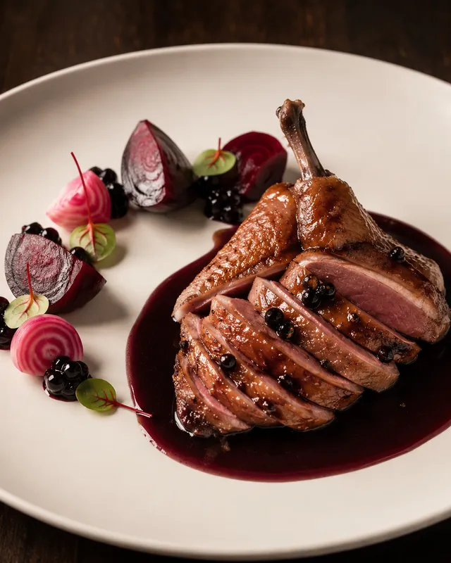 Suprême de pigeon de Racan rosé, betteraves glacées, cassis frais et jus au genièvre