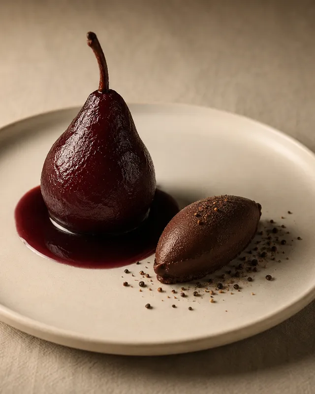 Poire entière pochée au vin de Banyuls, robe grenat brillante, sorbet cacao et poivre long
