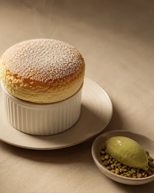 Soufflé chaud à la Chartreuse verte levé au-dessus du ramequin, glace pistache de Bronte