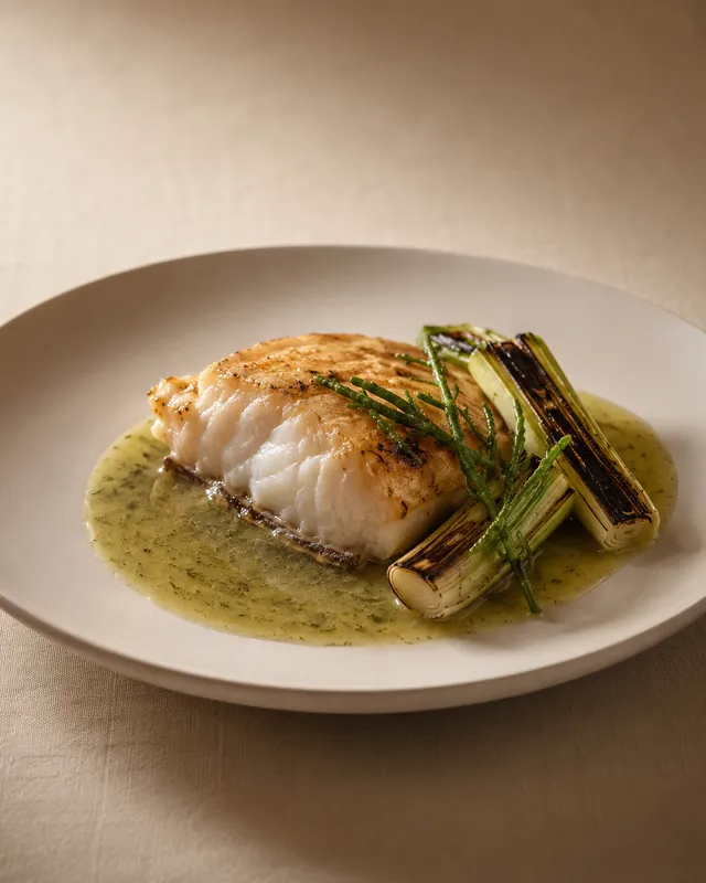 Filet de turbot de ligne rôti sur l’arête, beurre d’algues et poireaux brûlés