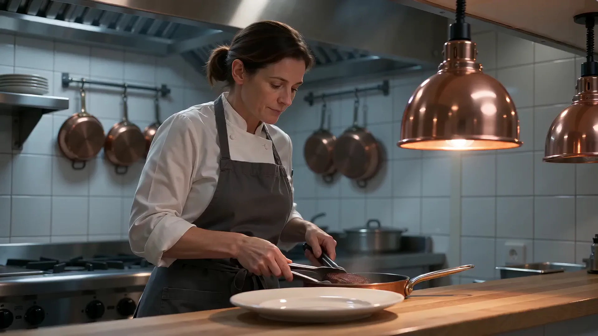 Le chef dépose une assiette dressée sur le passe en inox de la cuisine du restaurant