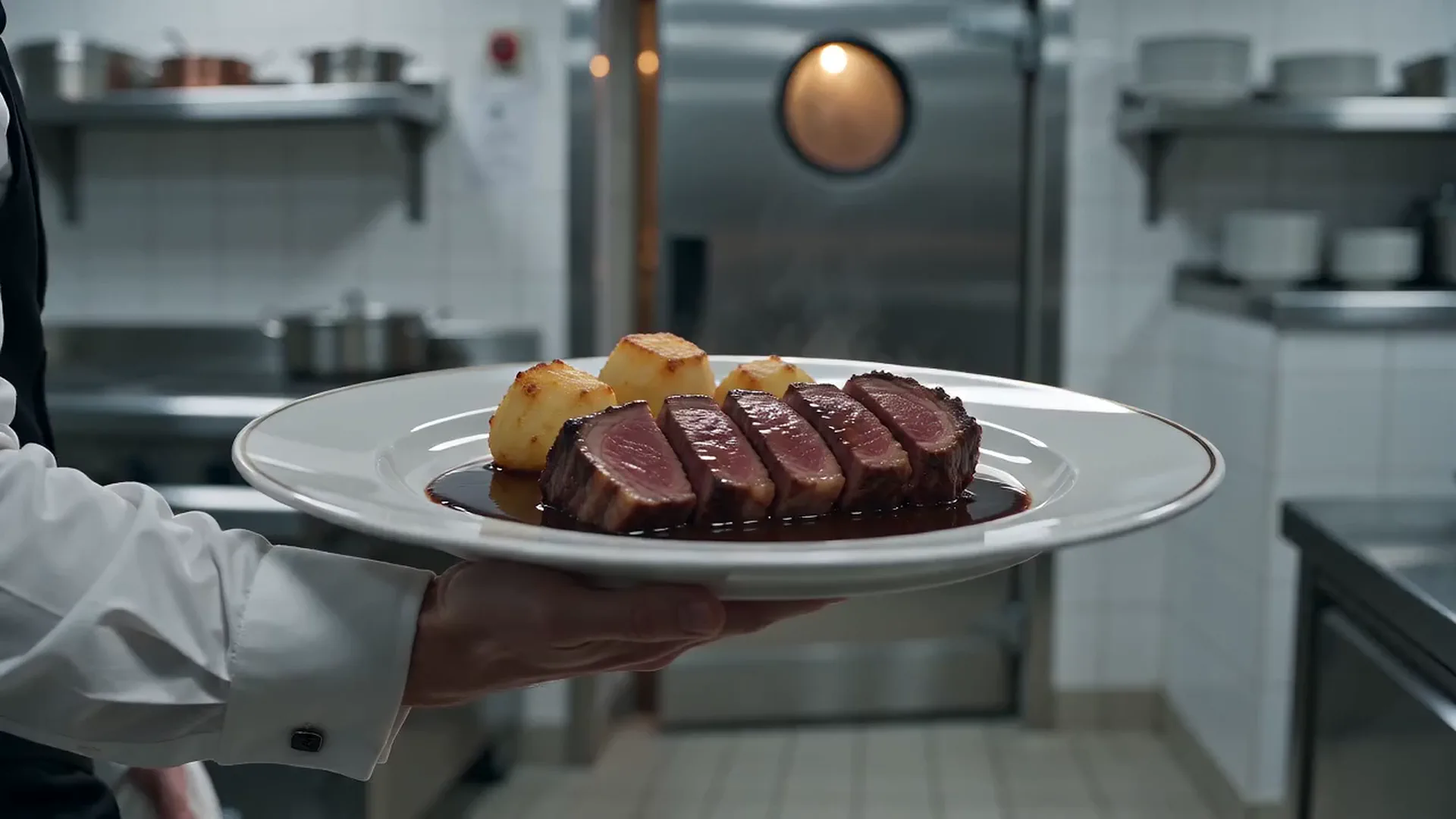 Le maitre d&rsquo;hotel depose une entrecote de Salers sur la nappe en salle